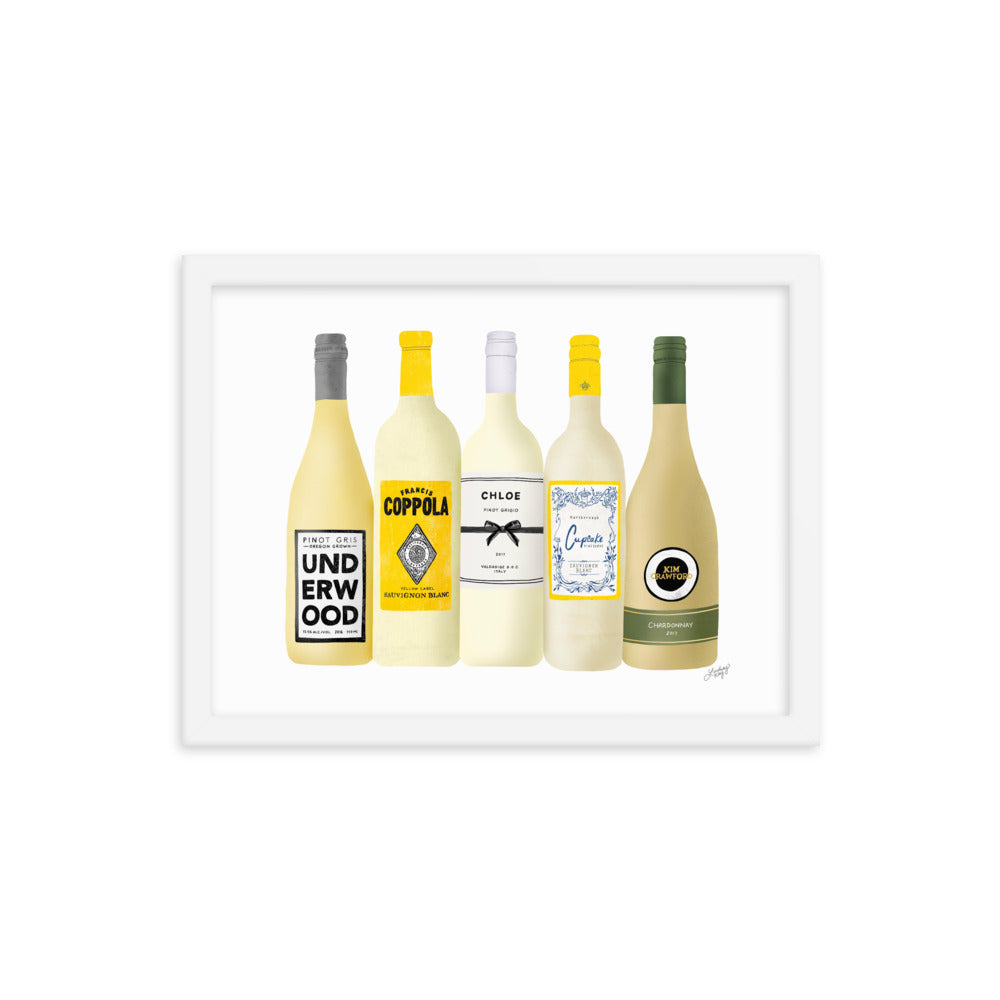 Ilustración de botellas de vino blanco - Impresión mate enmarcada